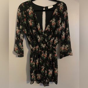 Black V-Neck Romper with Pink Flowers. Size:L